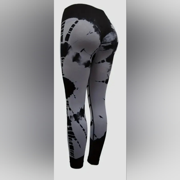 S/M Womens Seamless Tie Dye Leggings Gray Black - Picture 3 of 4